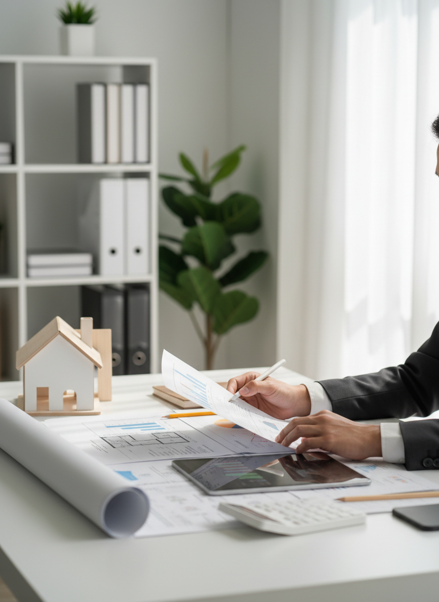 Documentos de valoración inmobiliaria, planos y maqueta de vivienda sobre un escritorio