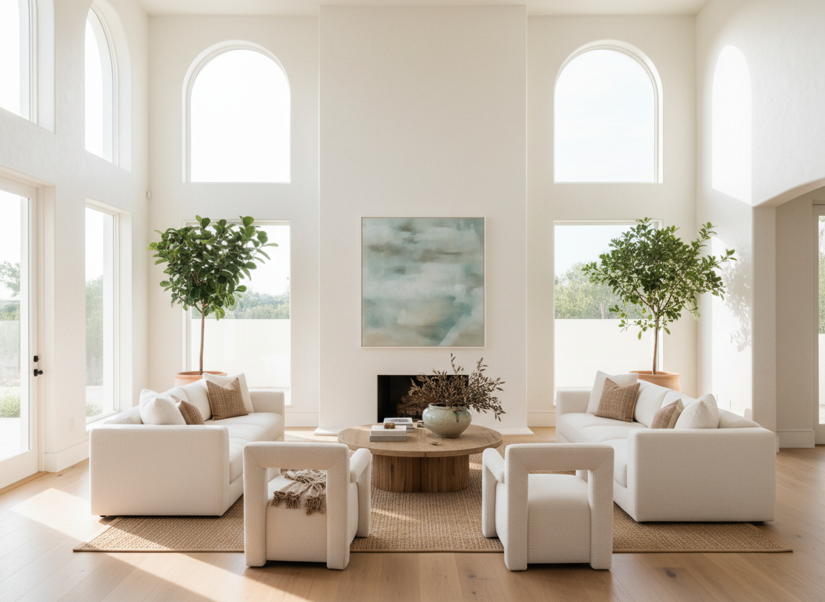 Salón luminoso de una vivienda moderna con grandes ventanales y luz natural