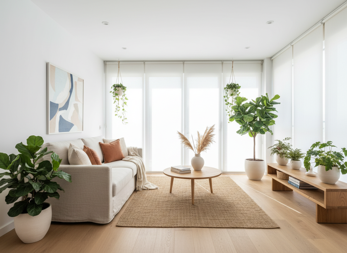 Salón luminoso y acogedor con grandes ventanales, sofá claro y suelos de madera