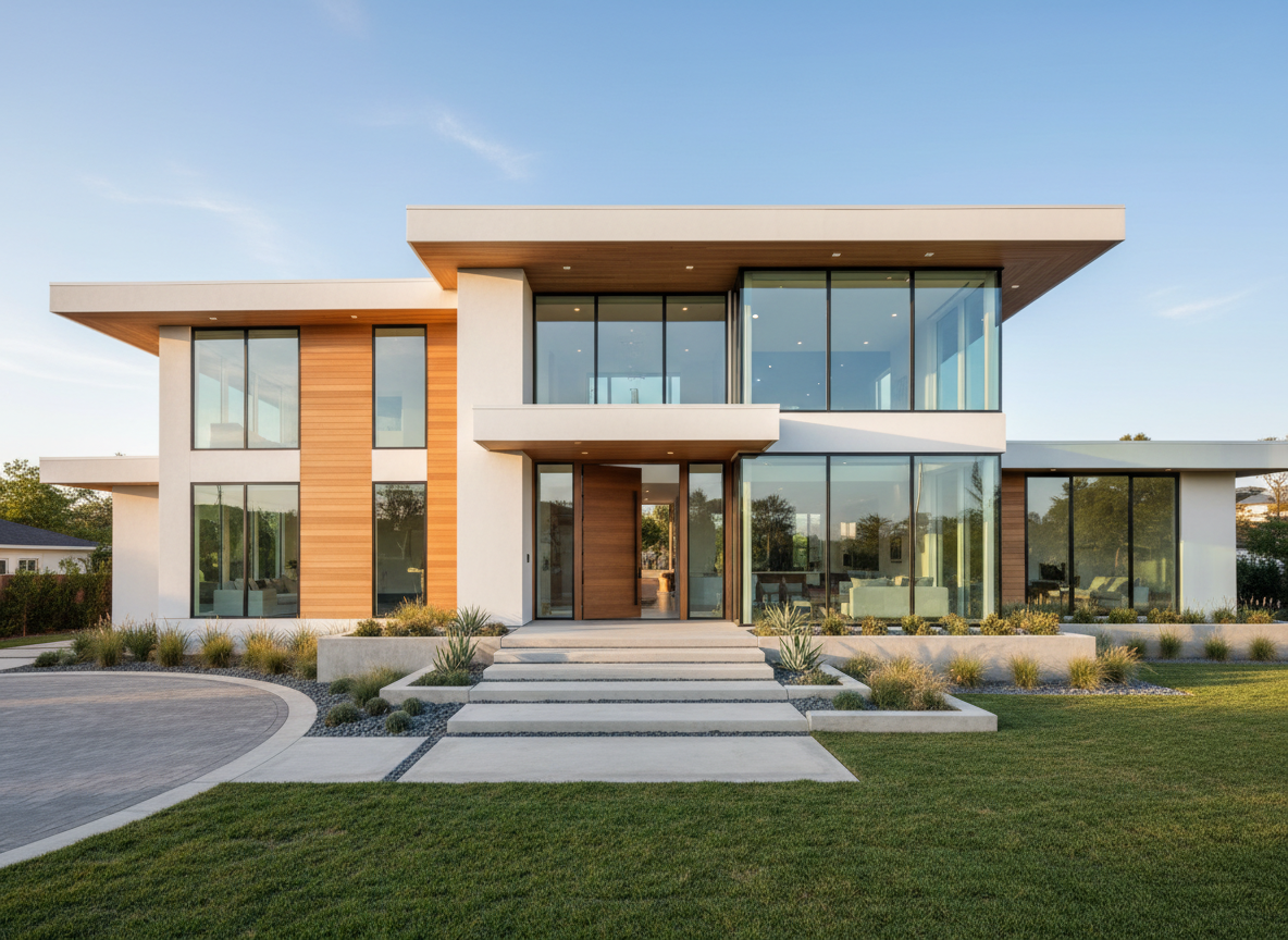 Fachada de una vivienda luminosa y elegante con grandes ventanales