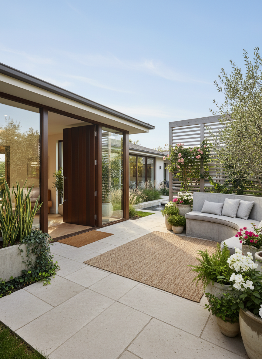 Terraza y entrada acogedora de una vivienda moderna