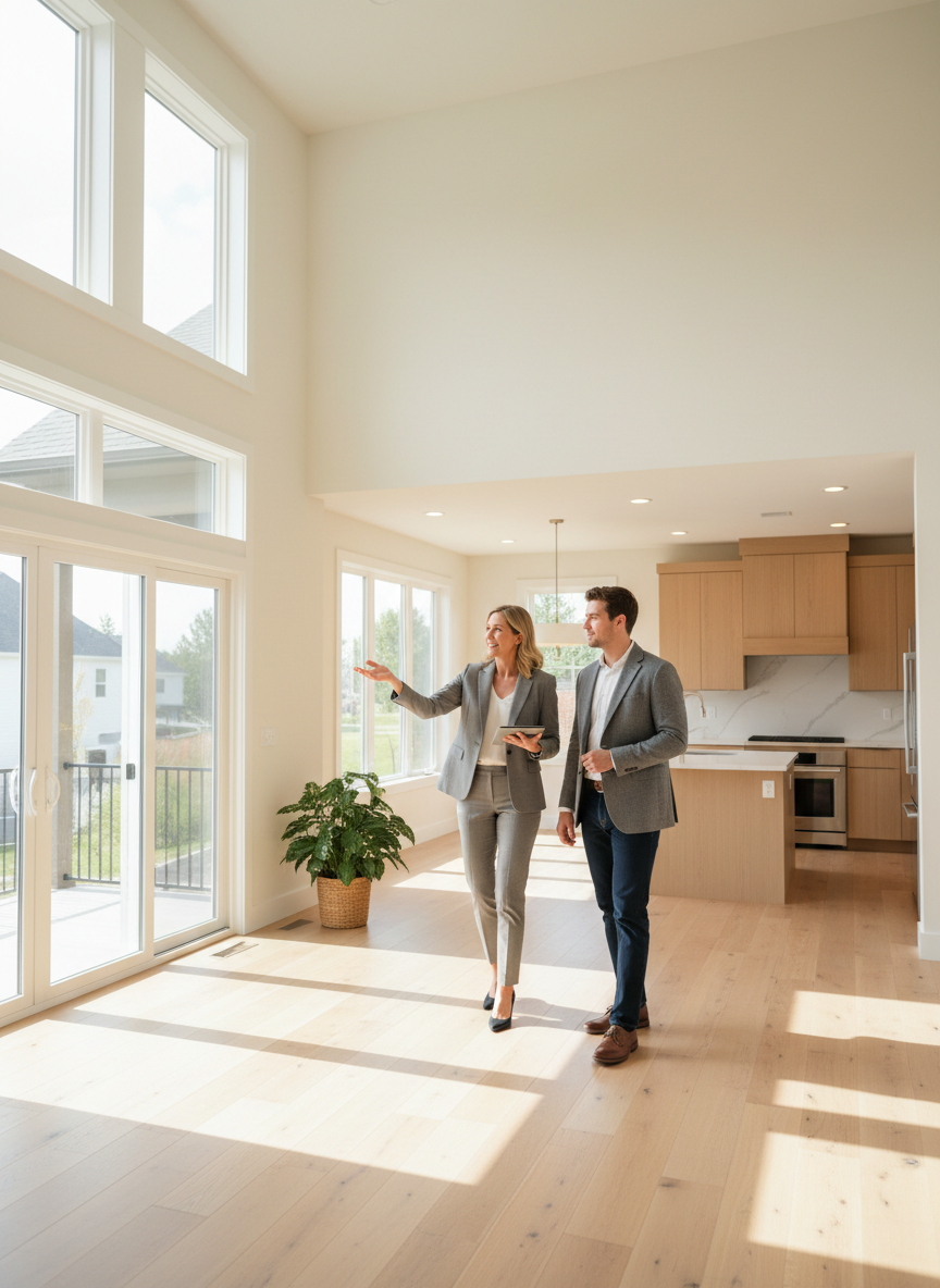 Visita inmobiliaria a una vivienda con un agente y dos clientes