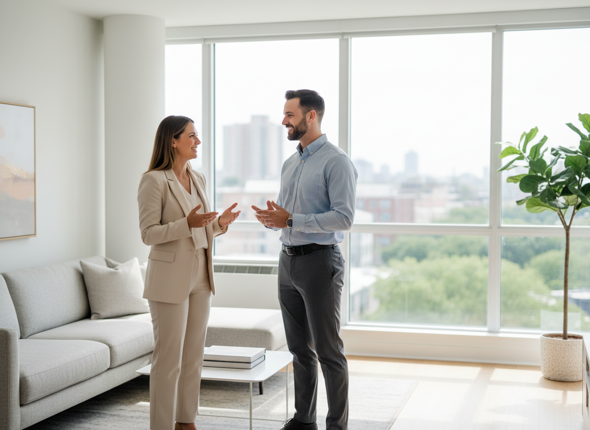 Agente inmobiliario atendiendo a un cliente en una vivienda luminosa